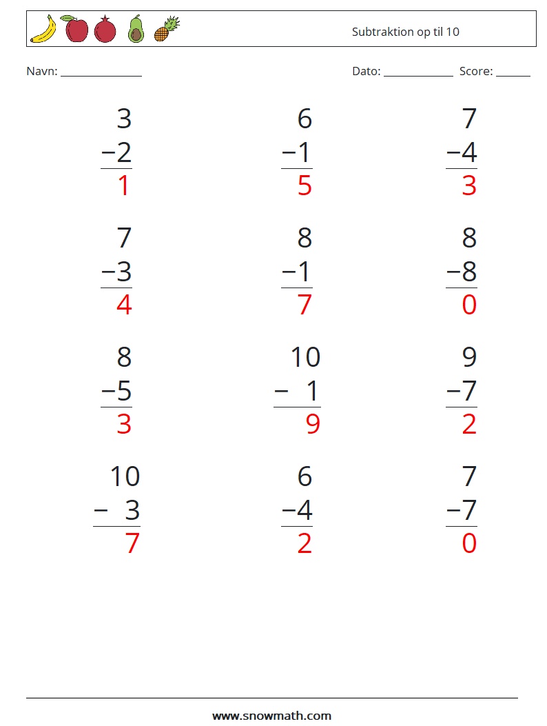 (12) Subtraktion op til 10 Matematiske regneark 8 Spørgsmål, svar