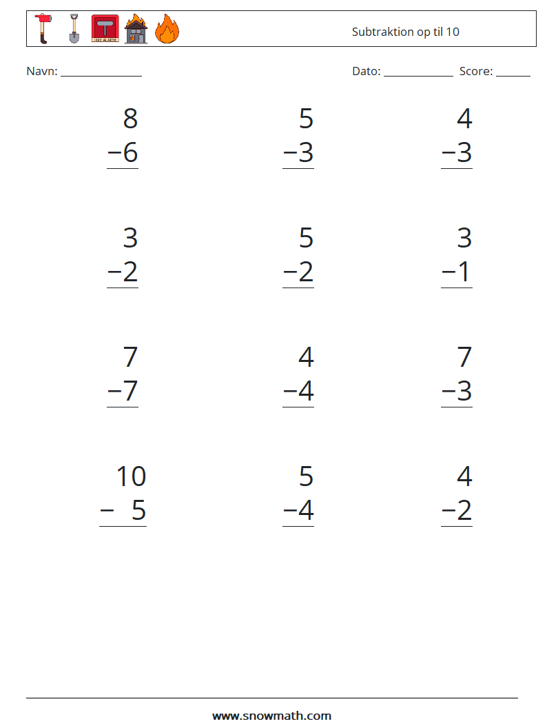 (12) Subtraktion op til 10 Matematiske regneark 9