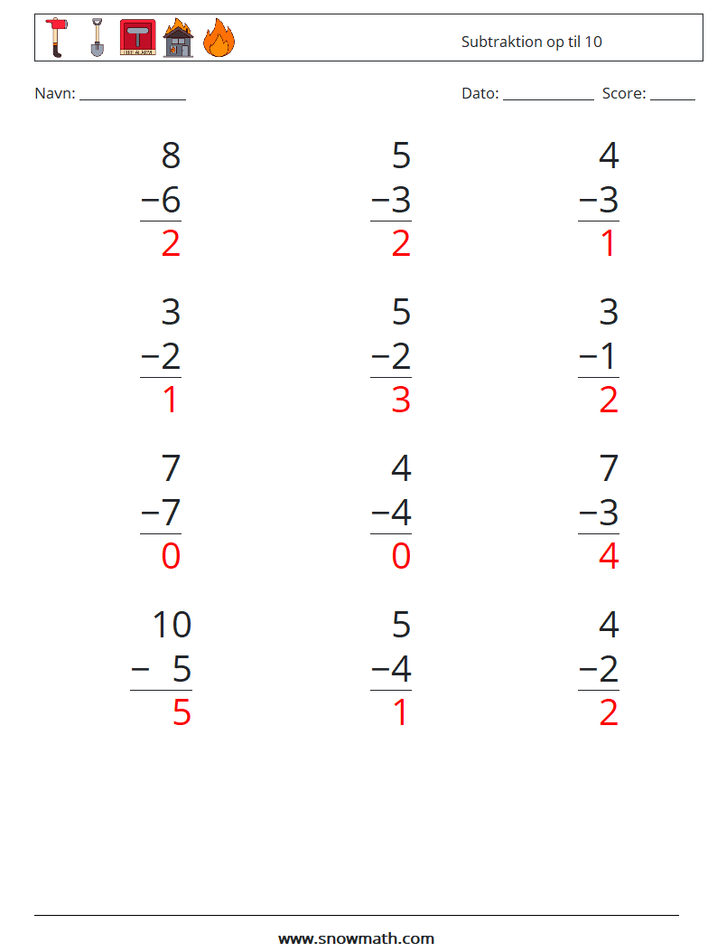 (12) Subtraktion op til 10 Matematiske regneark 9 Spørgsmål, svar