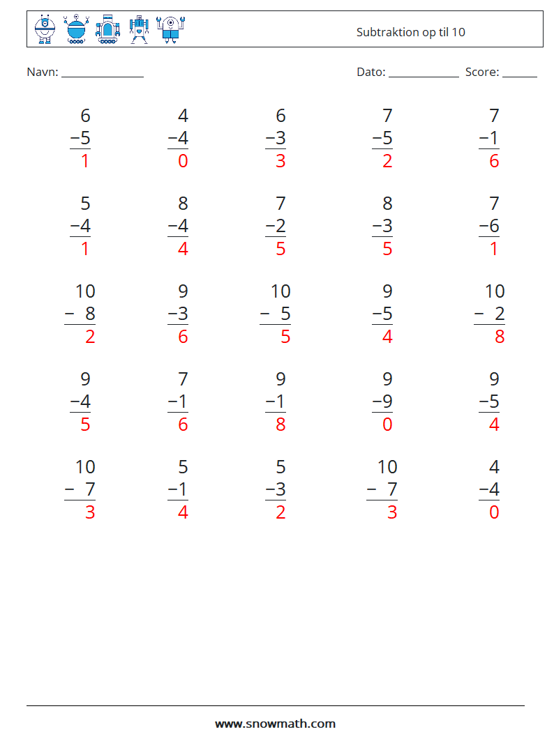 (25) Subtraktion op til 10 Matematiske regneark 1 Spørgsmål, svar