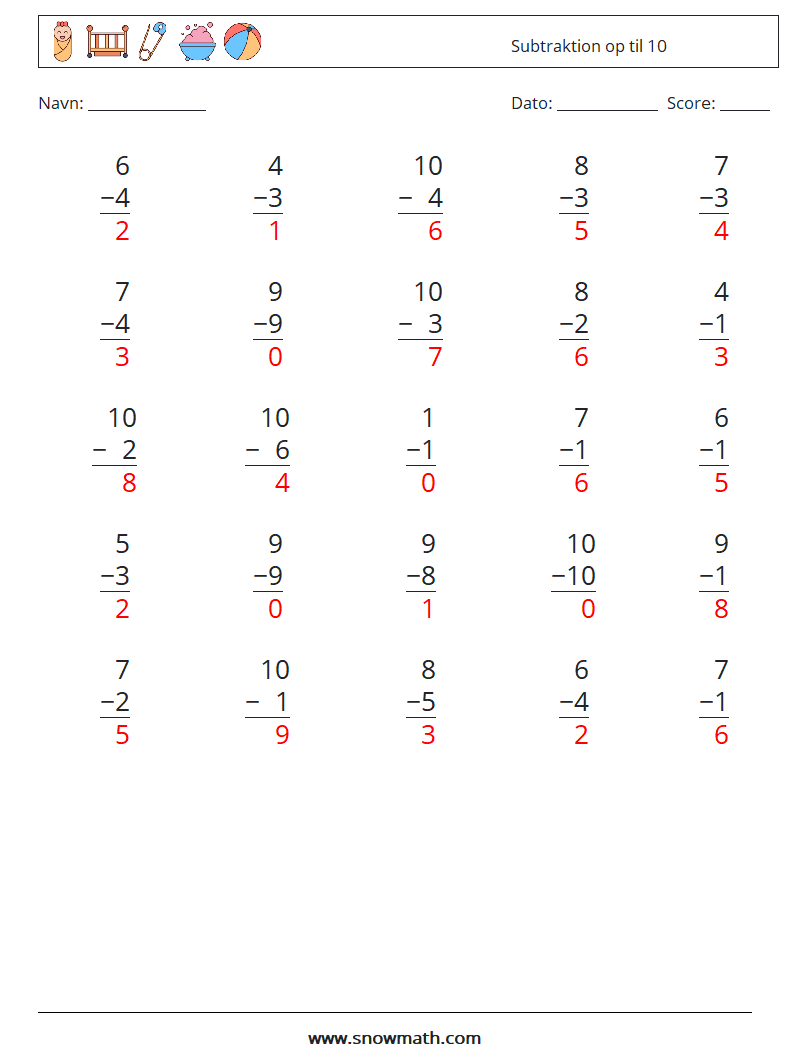 (25) Subtraktion op til 10 Matematiske regneark 2 Spørgsmål, svar