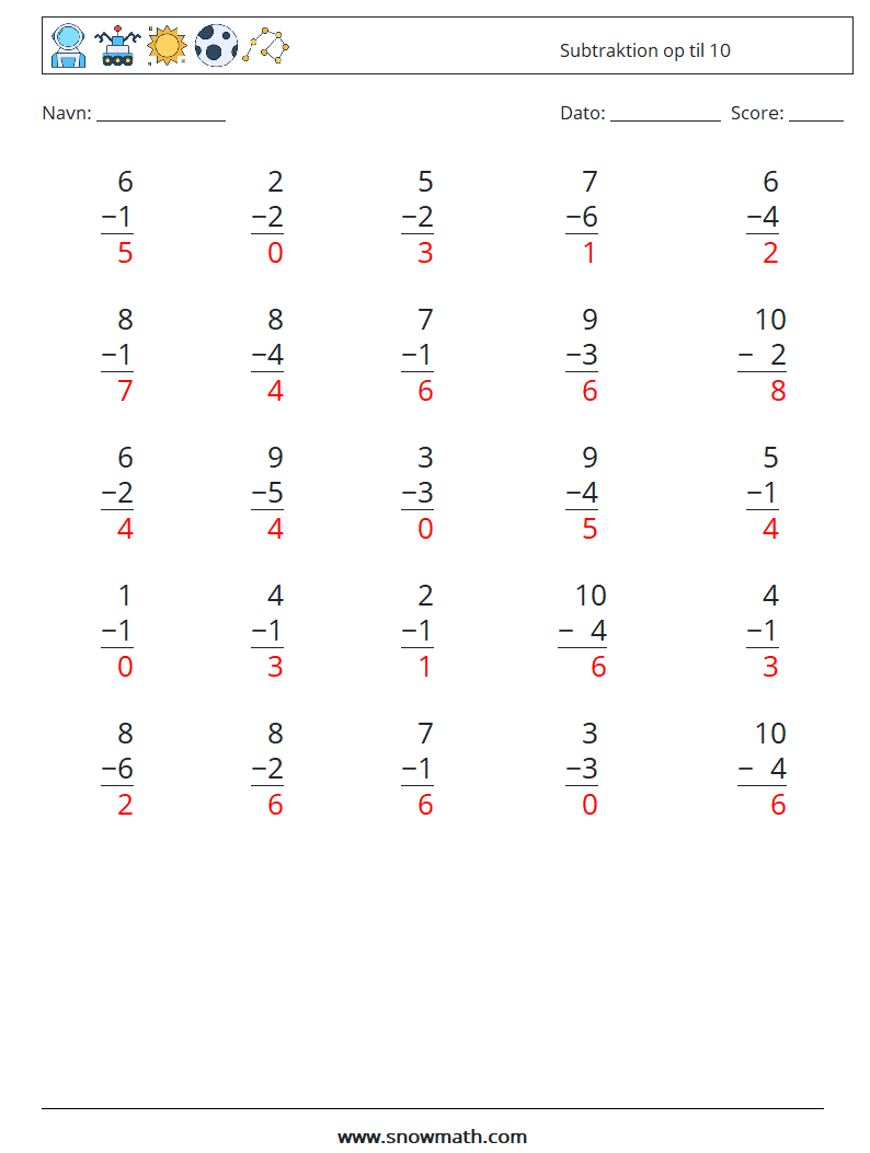 (25) Subtraktion op til 10 Matematiske regneark 3 Spørgsmål, svar