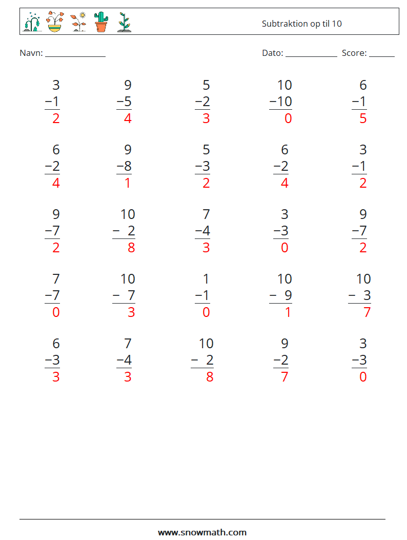 (25) Subtraktion op til 10 Matematiske regneark 4 Spørgsmål, svar