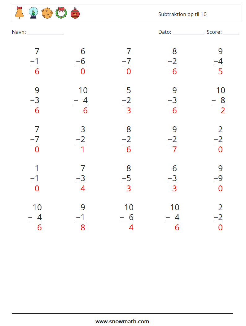 (25) Subtraktion op til 10 Matematiske regneark 5 Spørgsmål, svar
