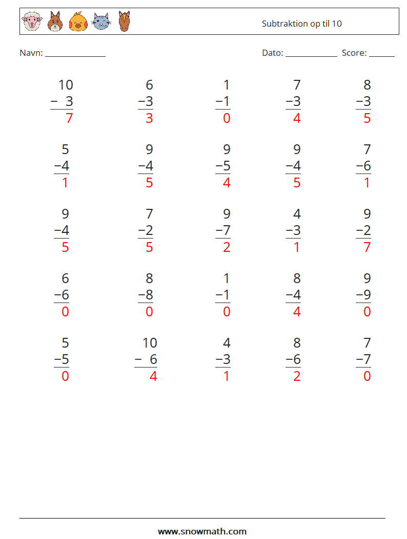 (25) Subtraktion op til 10 Matematiske regneark 7 Spørgsmål, svar