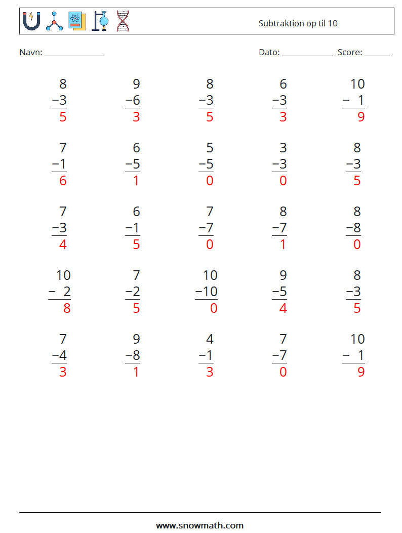 (25) Subtraktion op til 10 Matematiske regneark 8 Spørgsmål, svar