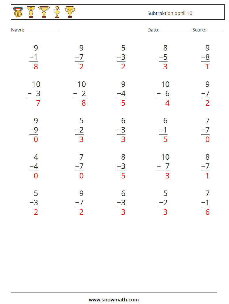 (25) Subtraktion op til 10 Matematiske regneark 9 Spørgsmål, svar