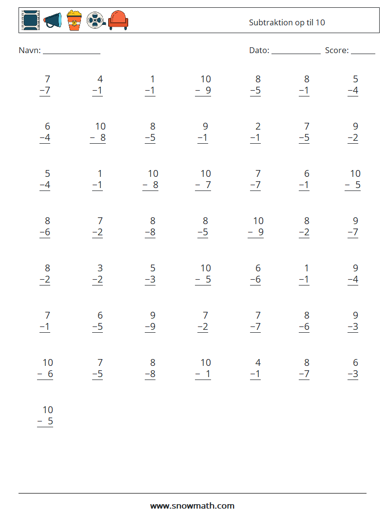 (50) Subtraktion op til 10 Matematiske regneark 1