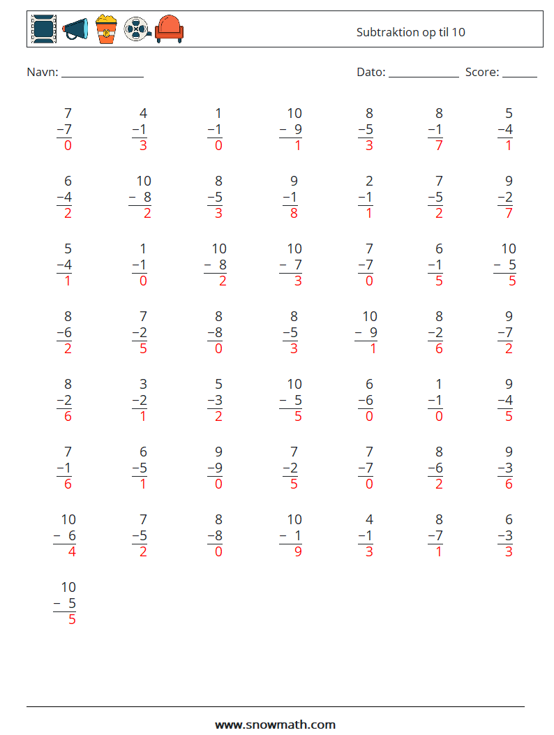 (50) Subtraktion op til 10 Matematiske regneark 1 Spørgsmål, svar