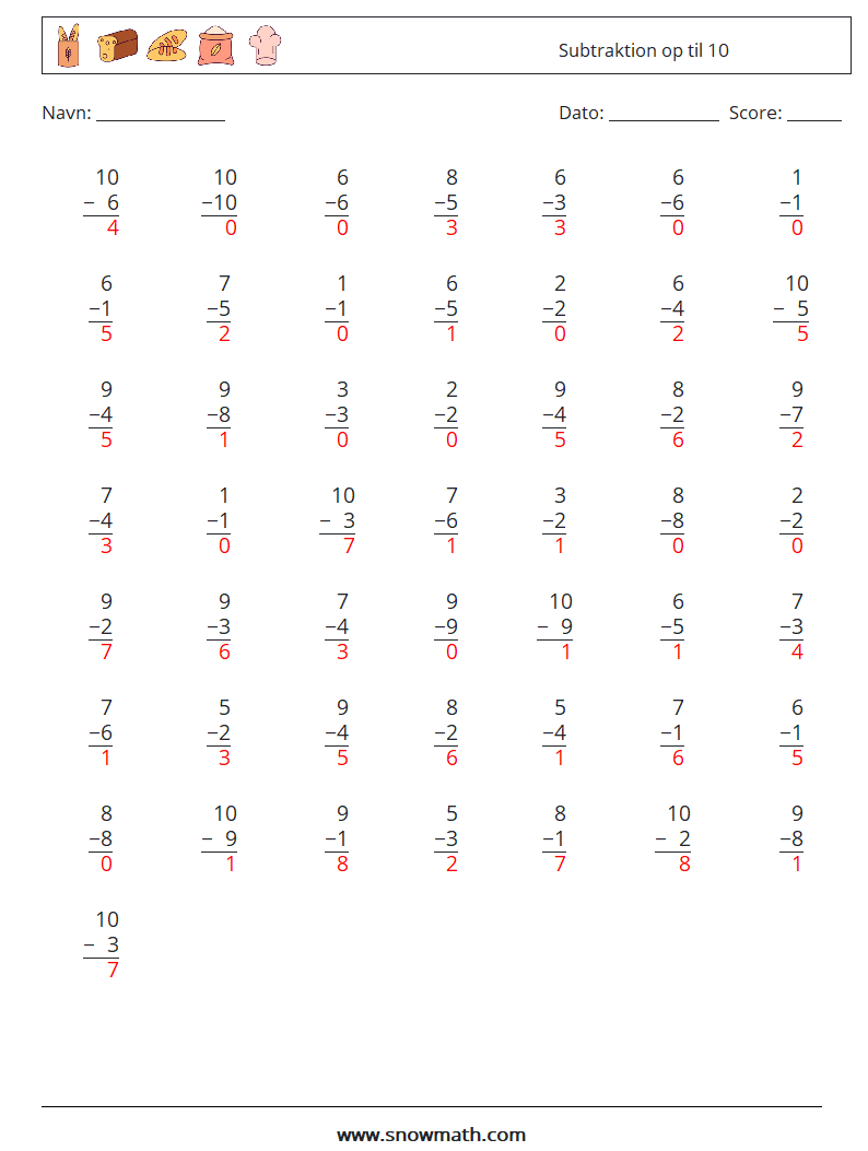 (50) Subtraktion op til 10 Matematiske regneark 2 Spørgsmål, svar