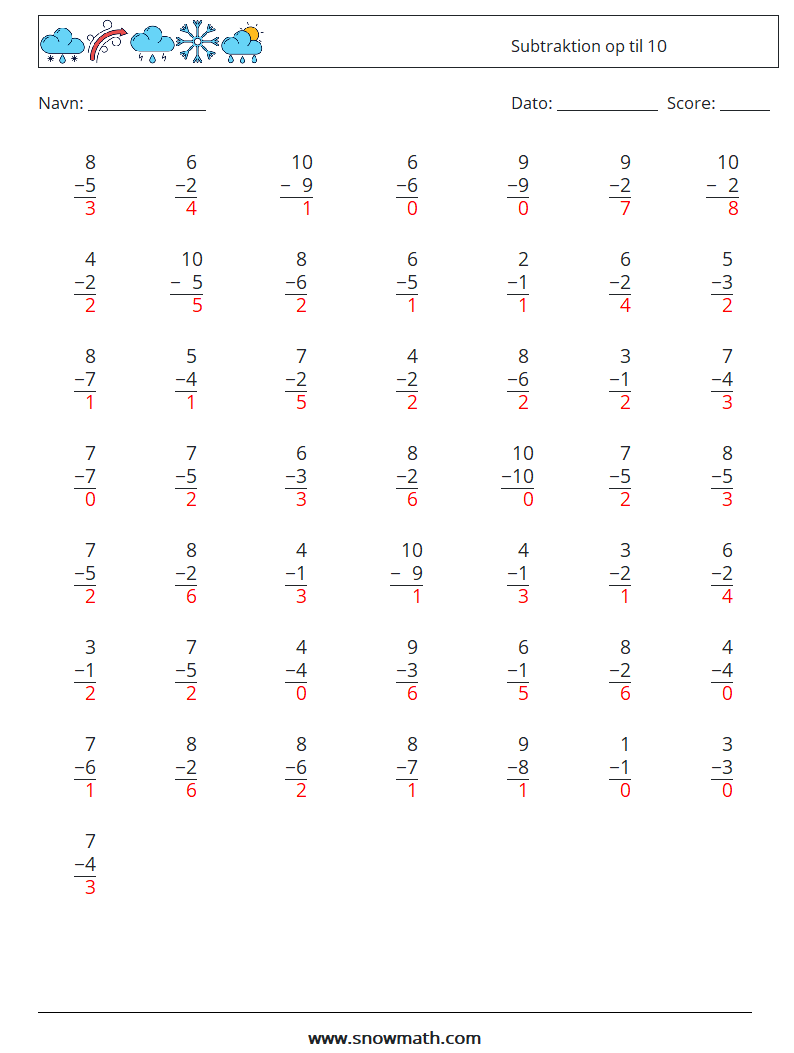 (50) Subtraktion op til 10 Matematiske regneark 3 Spørgsmål, svar