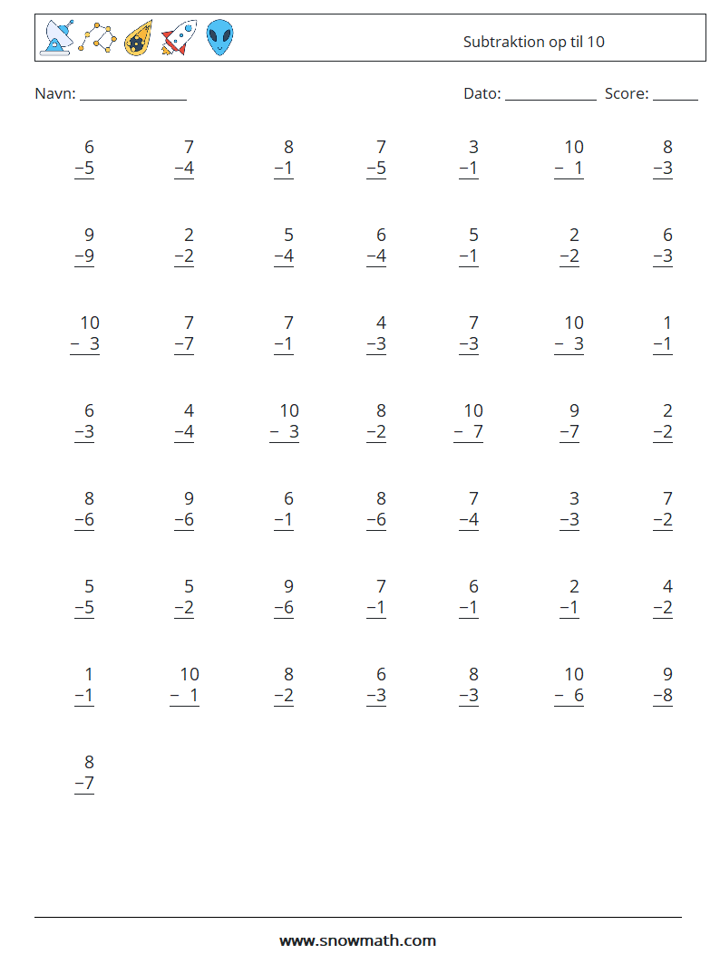(50) Subtraktion op til 10 Matematiske regneark 5