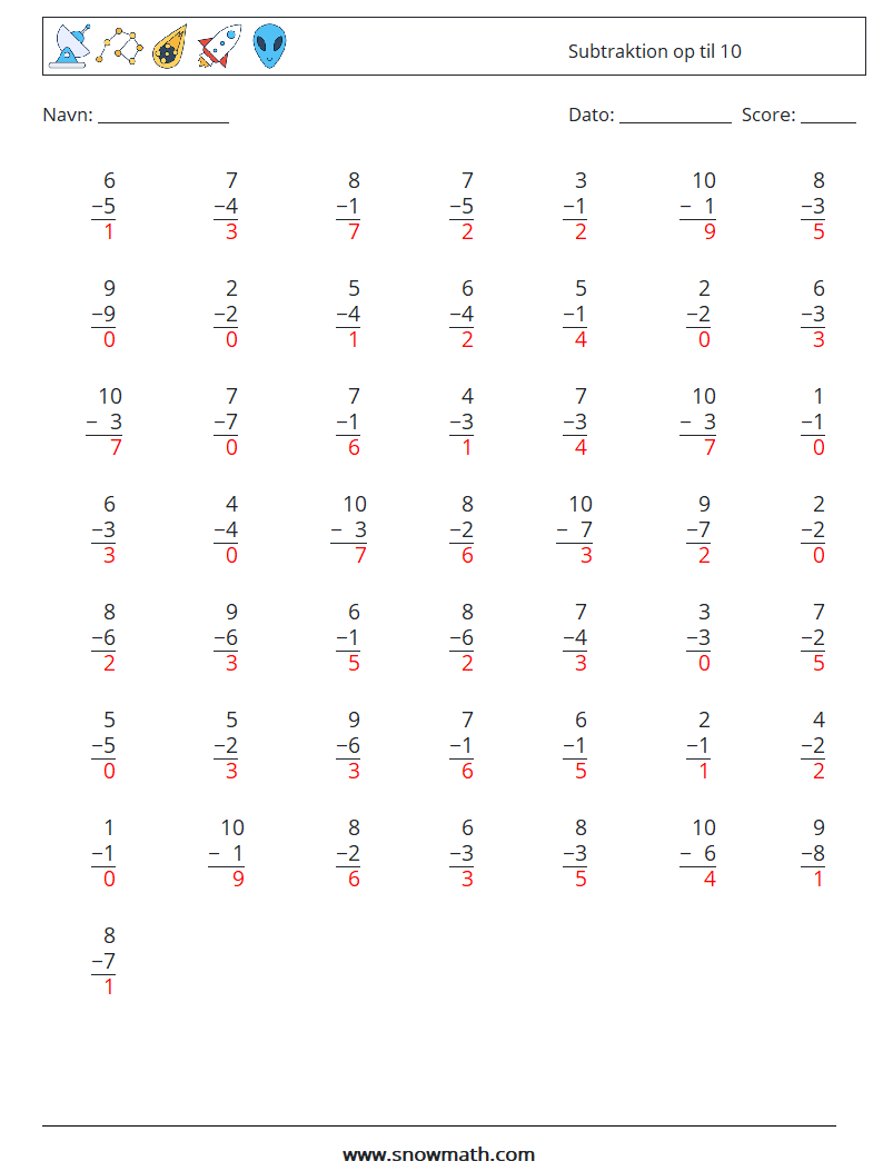 (50) Subtraktion op til 10 Matematiske regneark 5 Spørgsmål, svar