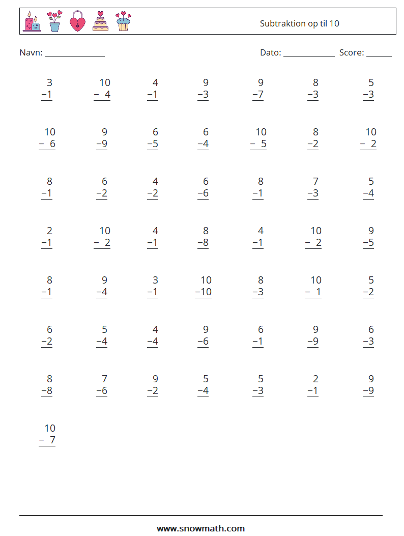 (50) Subtraktion op til 10 Matematiske regneark 6