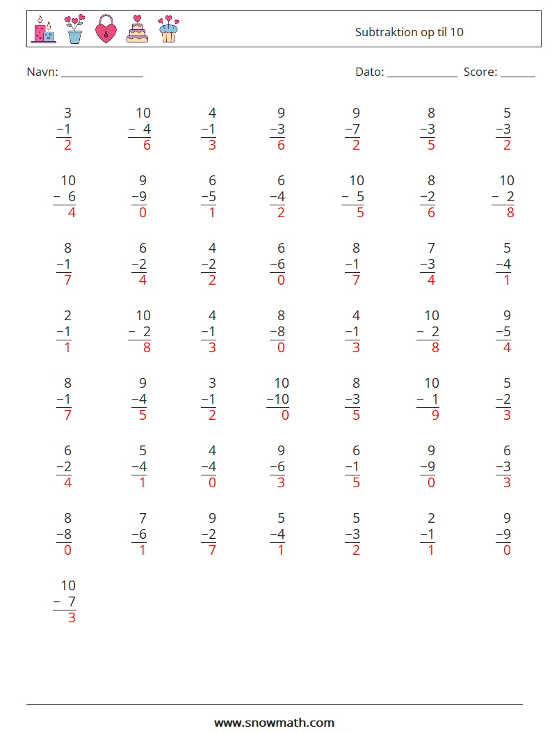 (50) Subtraktion op til 10 Matematiske regneark 6 Spørgsmål, svar