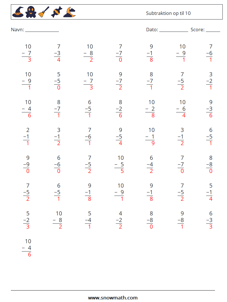 (50) Subtraktion op til 10 Matematiske regneark 7 Spørgsmål, svar