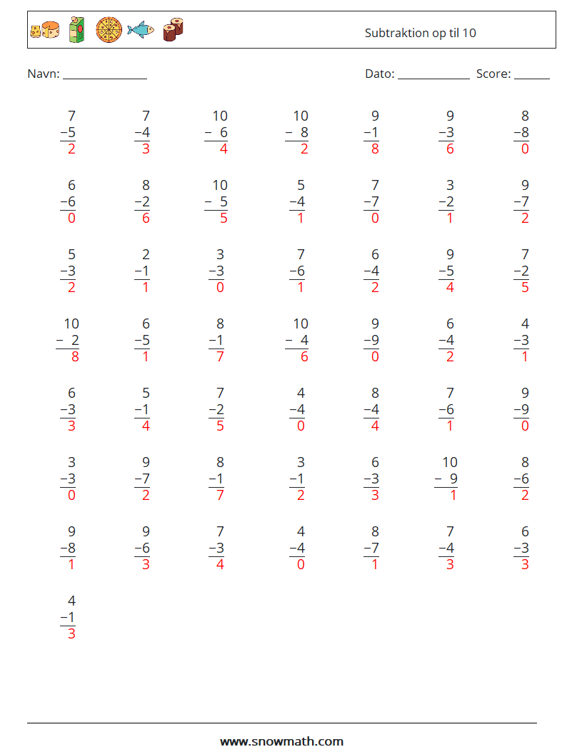 (50) Subtraktion op til 10 Matematiske regneark 8 Spørgsmål, svar