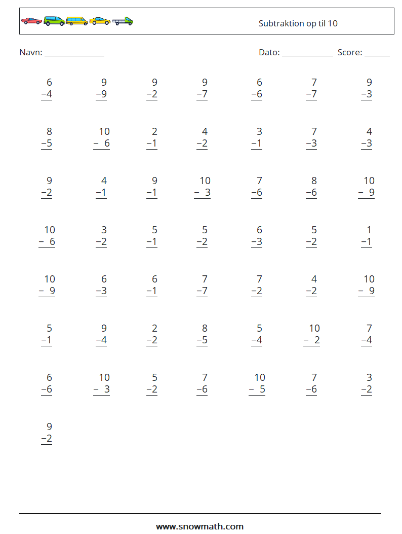 (50) Subtraktion op til 10 Matematiske regneark 9