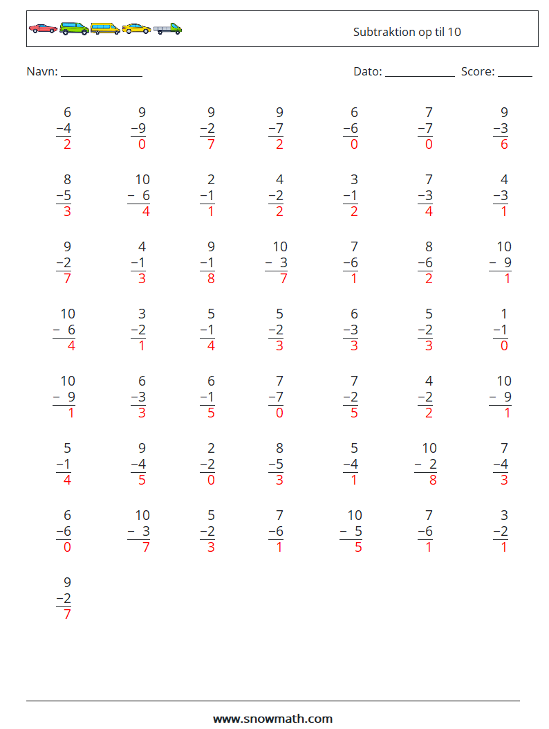 (50) Subtraktion op til 10 Matematiske regneark 9 Spørgsmål, svar