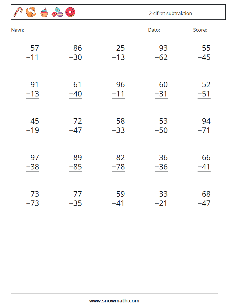 (25) 2-cifret subtraktion Matematiske regneark 1