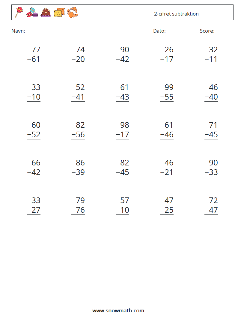 (25) 2-cifret subtraktion Matematiske regneark 10