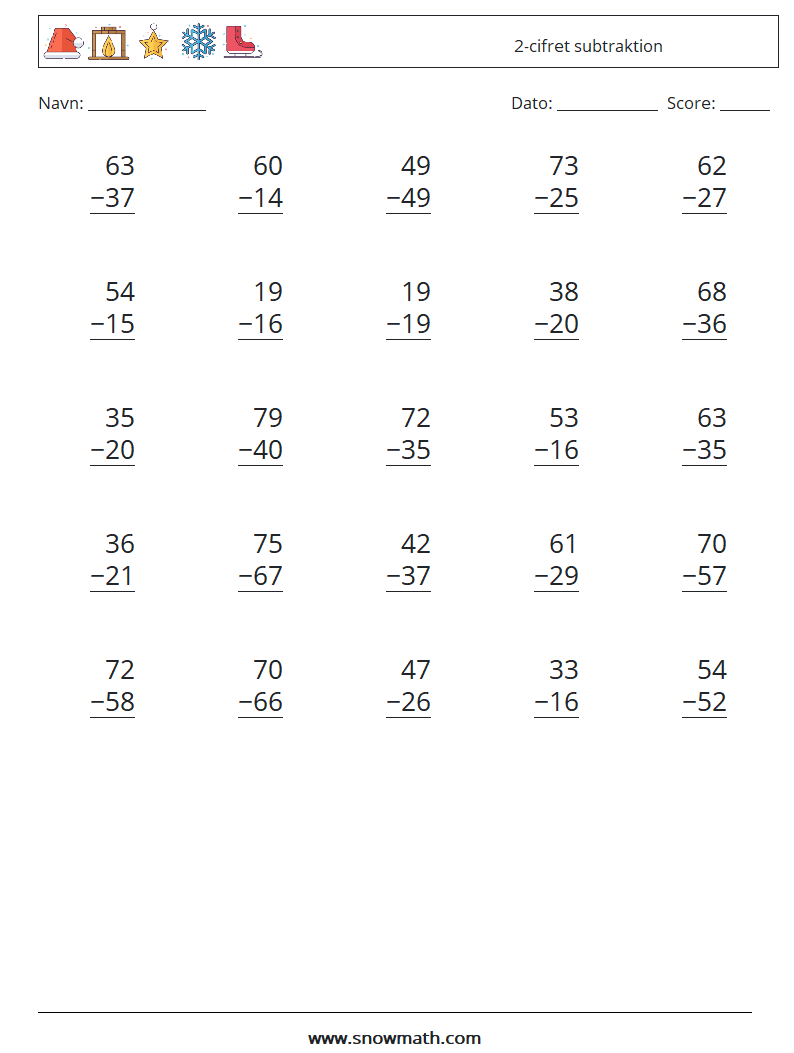 (25) 2-cifret subtraktion Matematiske regneark 11