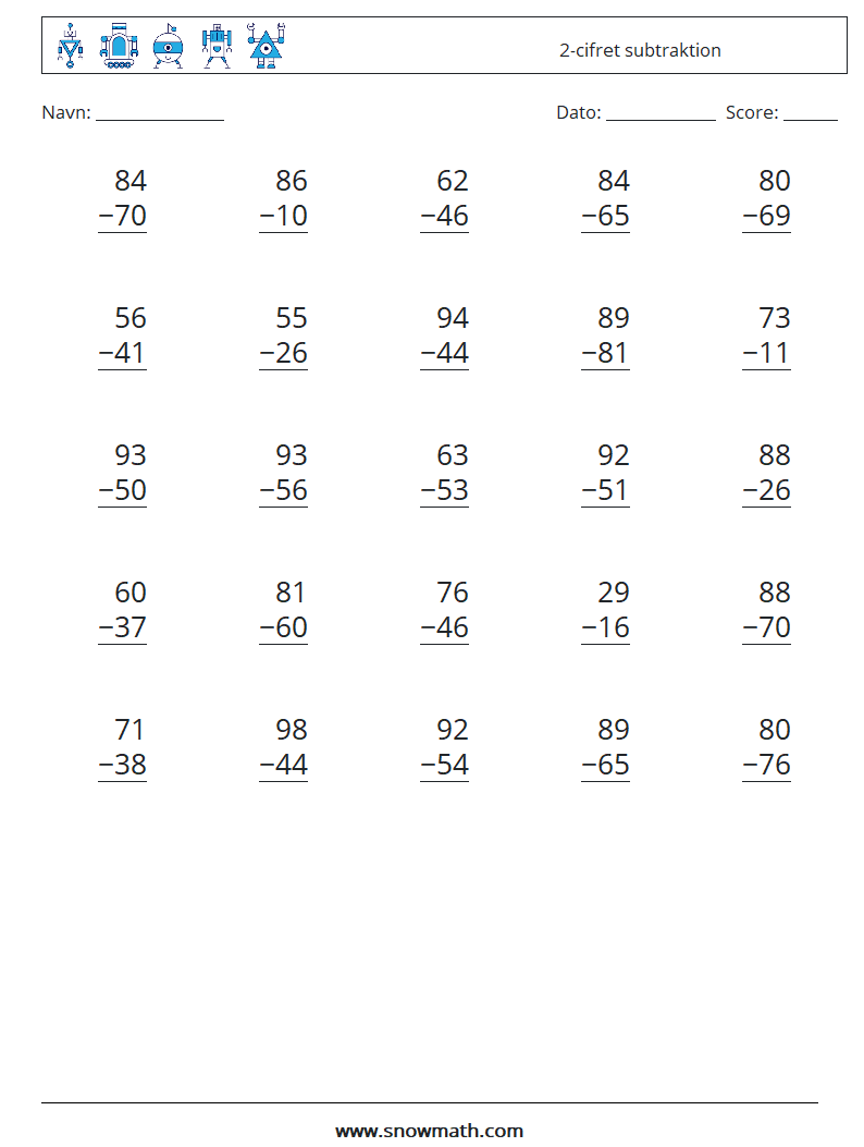 (25) 2-cifret subtraktion Matematiske regneark 12