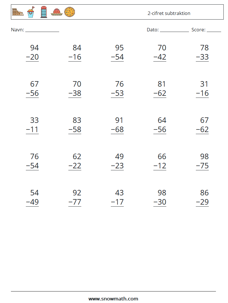 (25) 2-cifret subtraktion Matematiske regneark 13