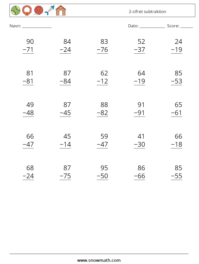 (25) 2-cifret subtraktion Matematiske regneark 14