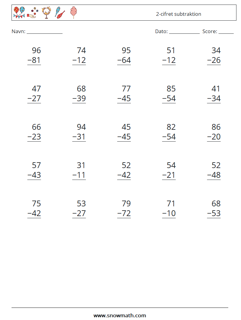 (25) 2-cifret subtraktion Matematiske regneark 15