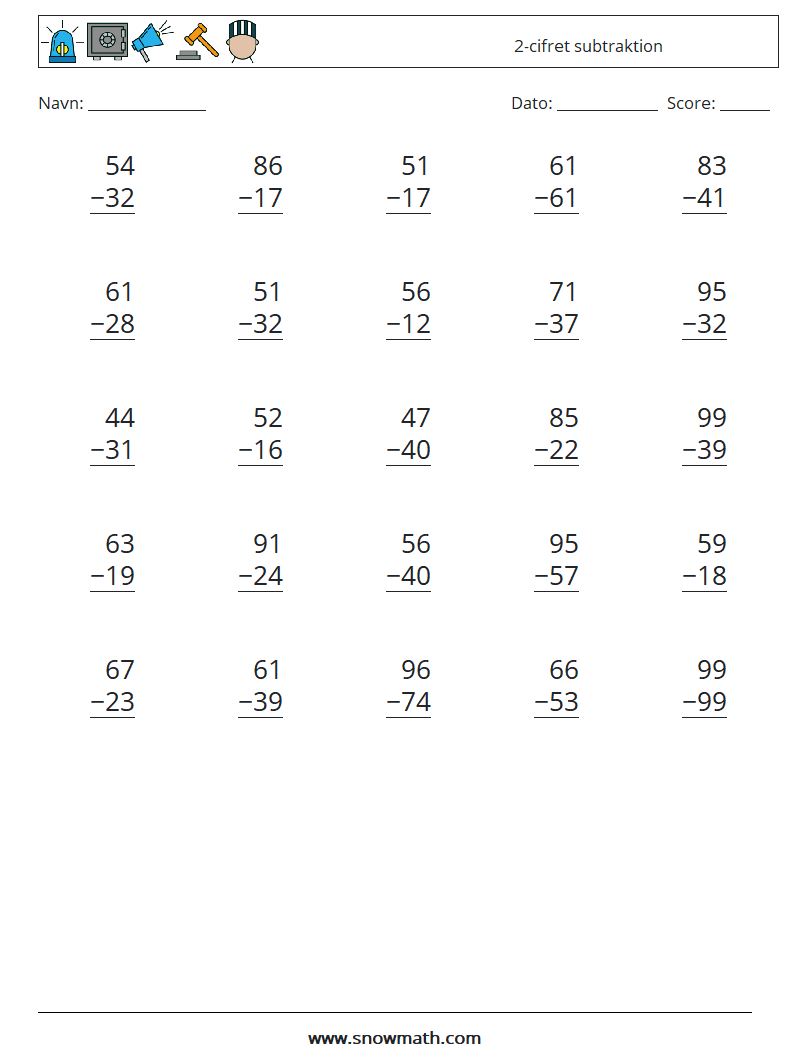 (25) 2-cifret subtraktion Matematiske regneark 16