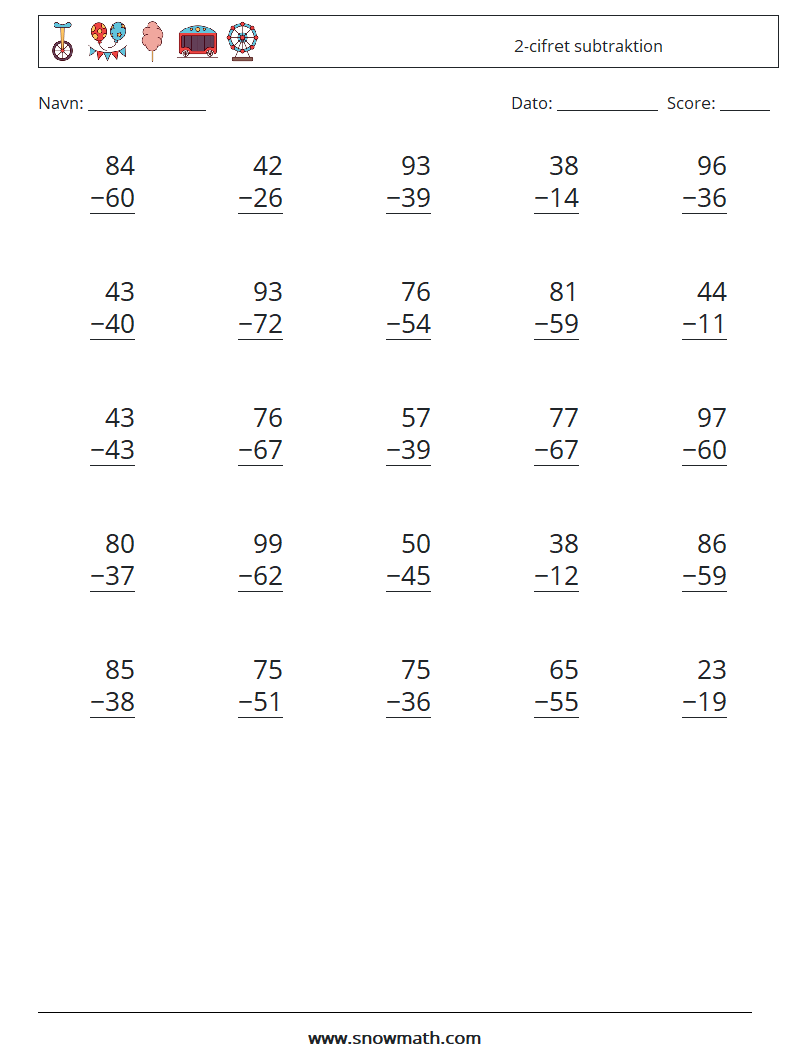 (25) 2-cifret subtraktion Matematiske regneark 17