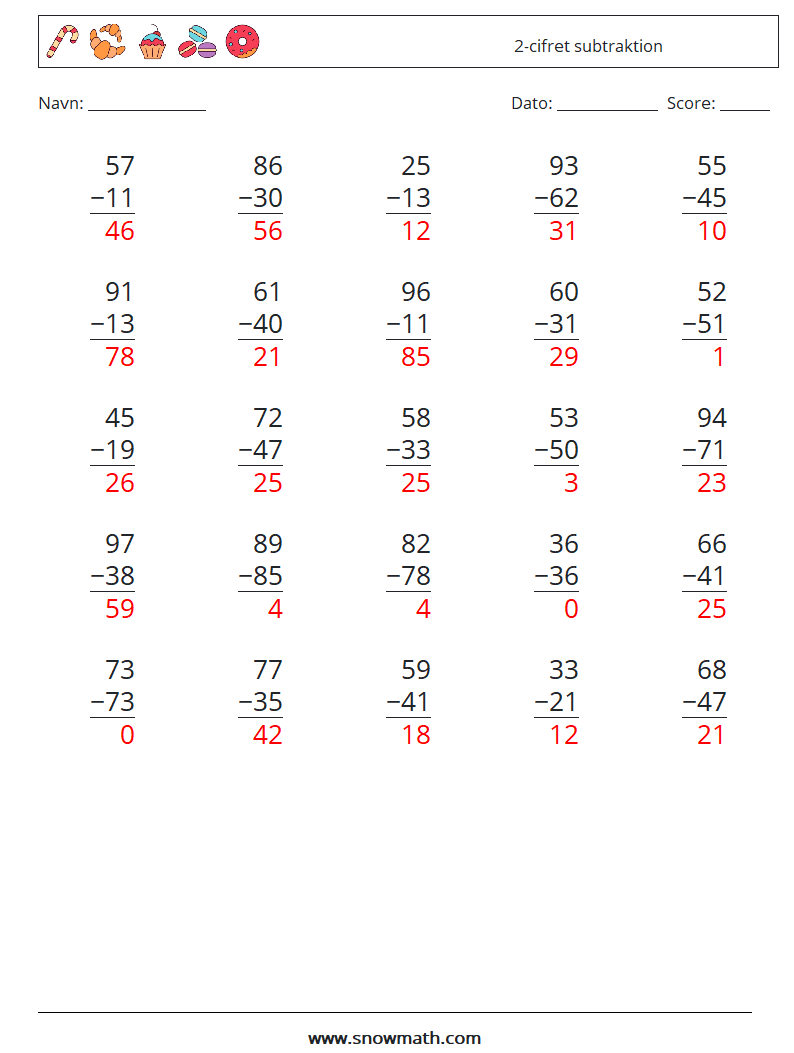 (25) 2-cifret subtraktion Matematiske regneark 1 Spørgsmål, svar