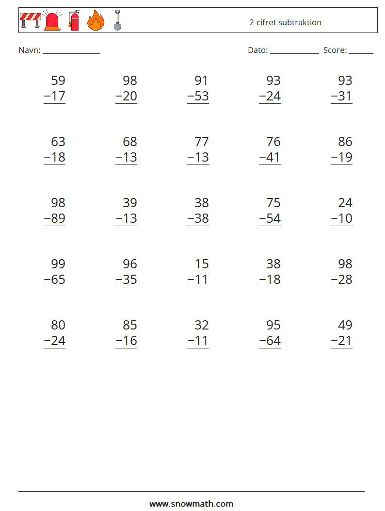 (25) 2-cifret subtraktion Matematiske regneark 2