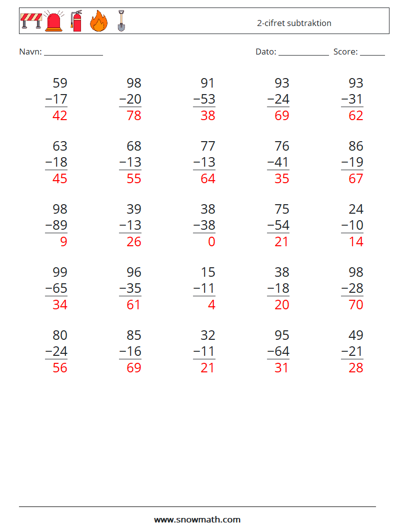 (25) 2-cifret subtraktion Matematiske regneark 2 Spørgsmål, svar