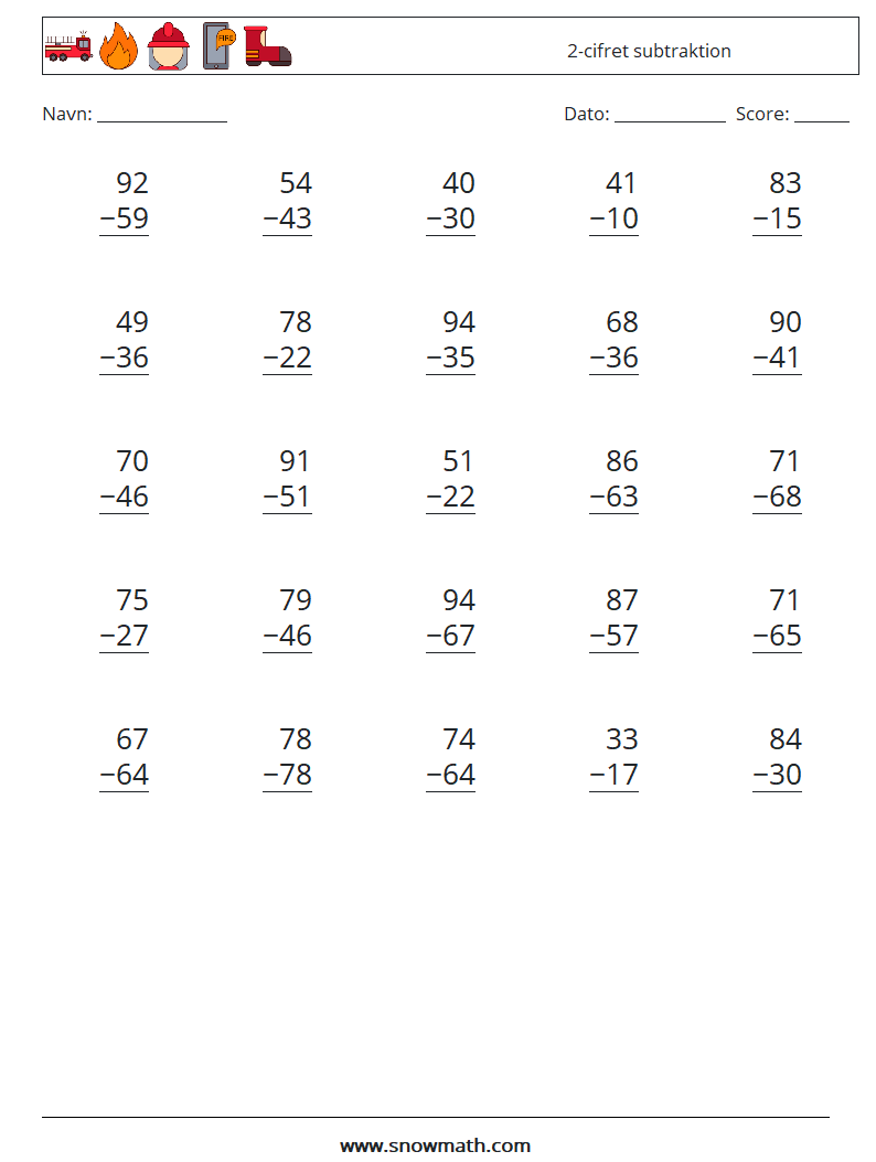 (25) 2-cifret subtraktion Matematiske regneark 3