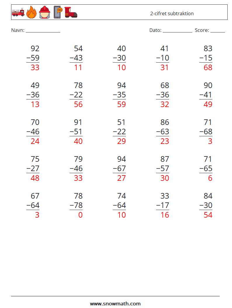 (25) 2-cifret subtraktion Matematiske regneark 3 Spørgsmål, svar