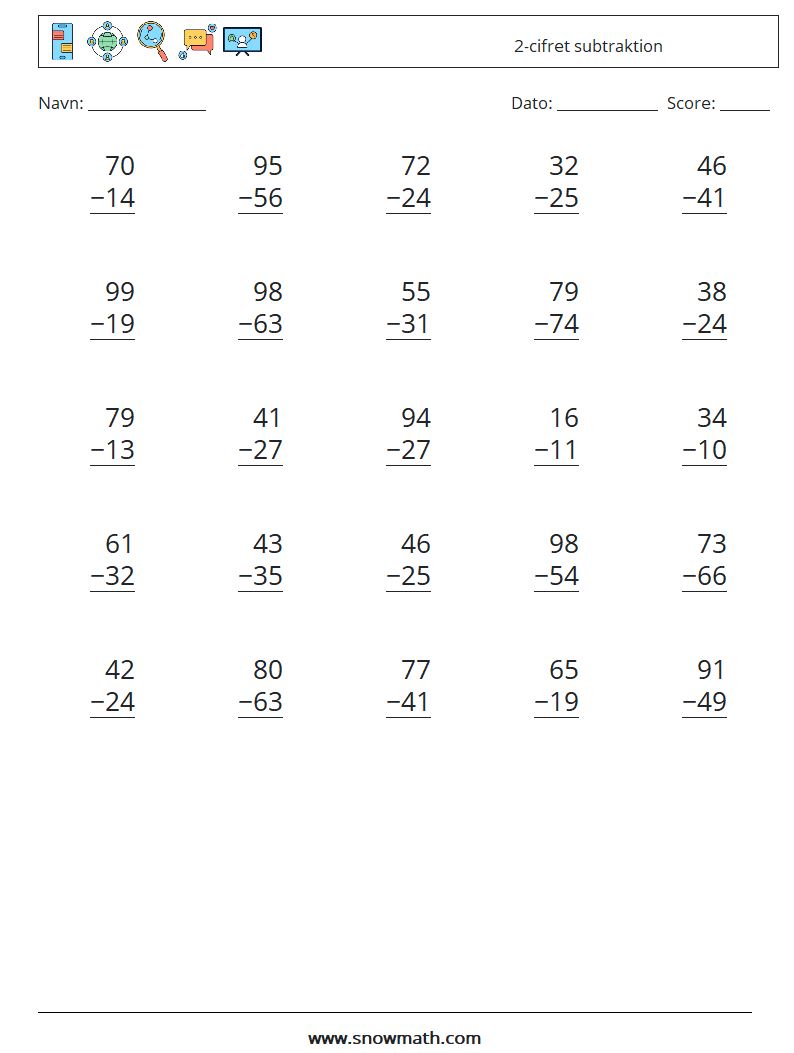 (25) 2-cifret subtraktion Matematiske regneark 4