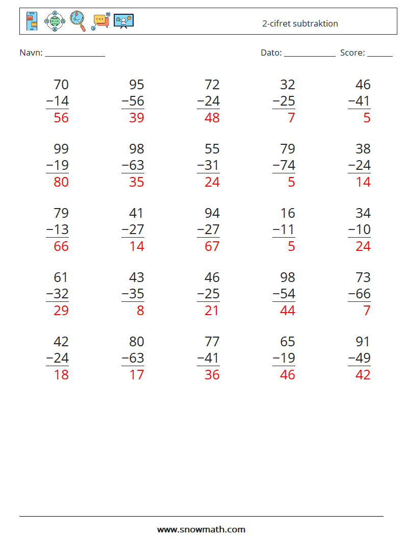 (25) 2-cifret subtraktion Matematiske regneark 4 Spørgsmål, svar