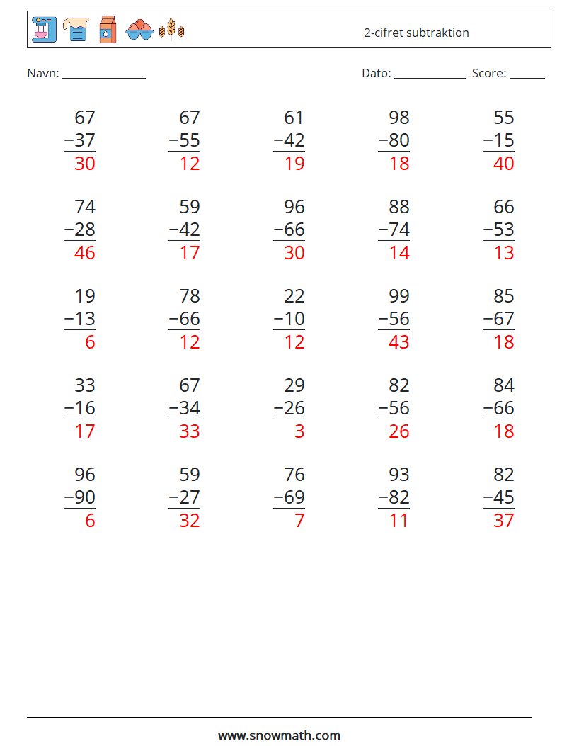 (25) 2-cifret subtraktion Matematiske regneark 5 Spørgsmål, svar
