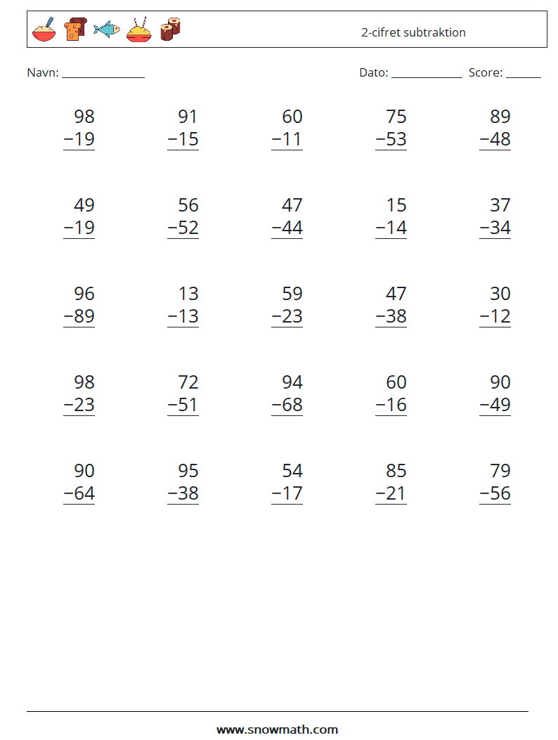 (25) 2-cifret subtraktion Matematiske regneark 6