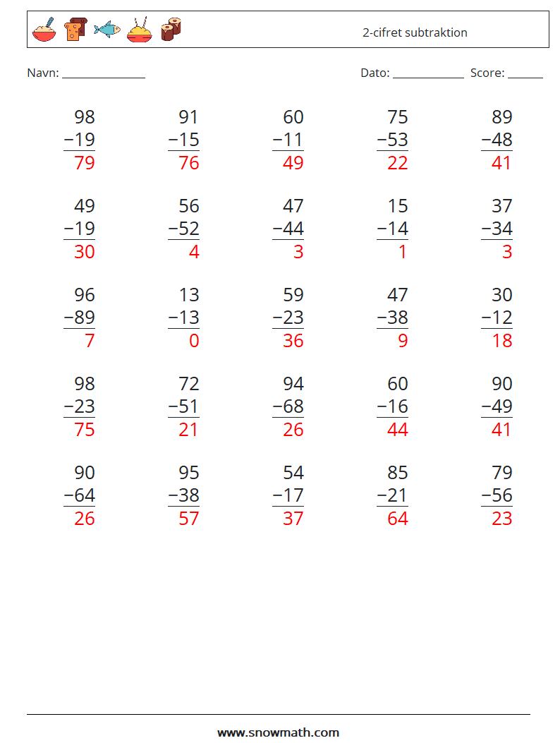 (25) 2-cifret subtraktion Matematiske regneark 6 Spørgsmål, svar