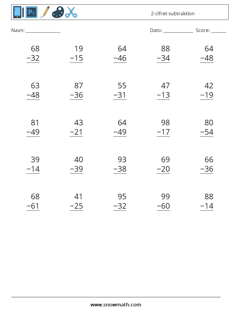 (25) 2-cifret subtraktion Matematiske regneark 7