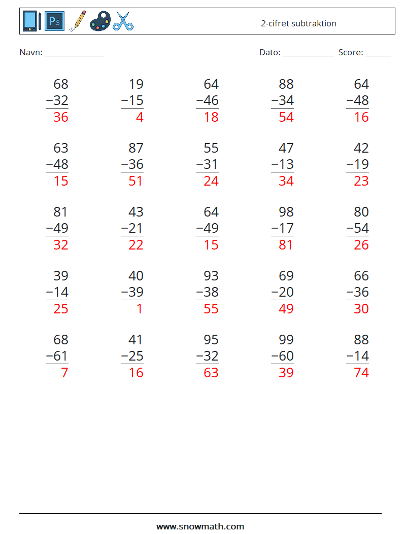 (25) 2-cifret subtraktion Matematiske regneark 7 Spørgsmål, svar