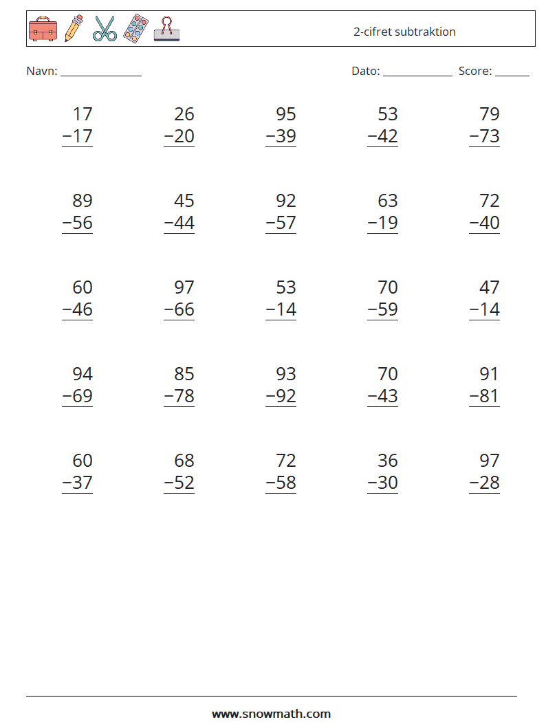 (25) 2-cifret subtraktion Matematiske regneark 8