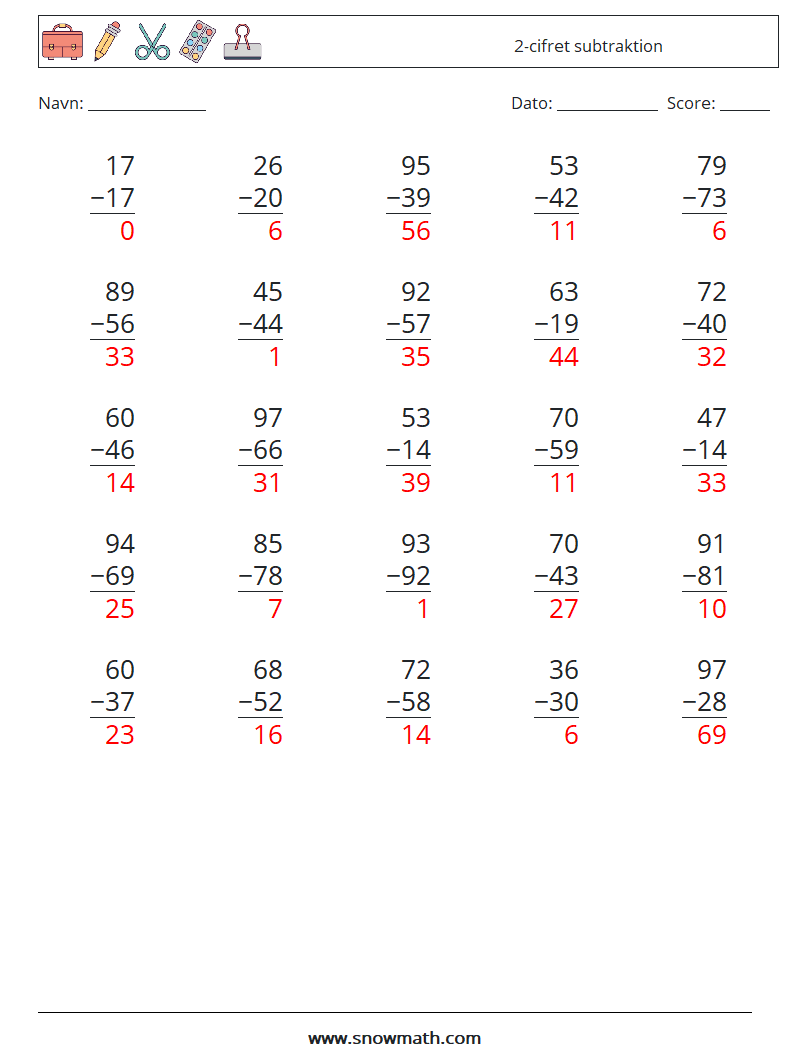 (25) 2-cifret subtraktion Matematiske regneark 8 Spørgsmål, svar