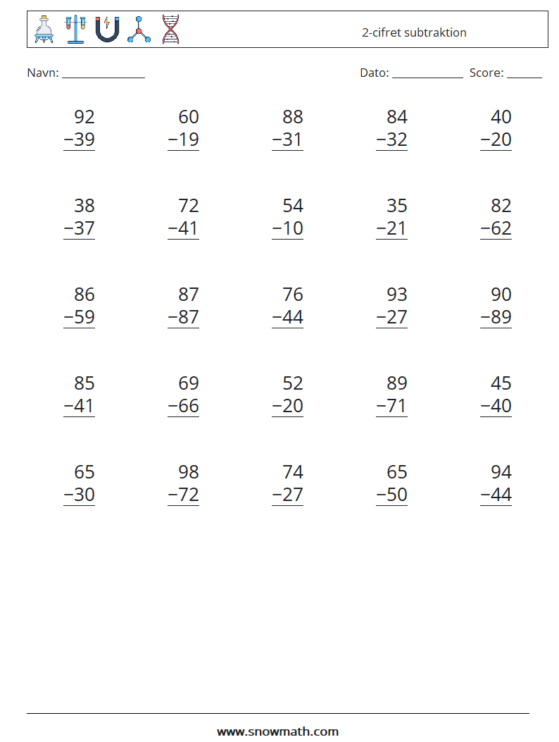 (25) 2-cifret subtraktion Matematiske regneark 9