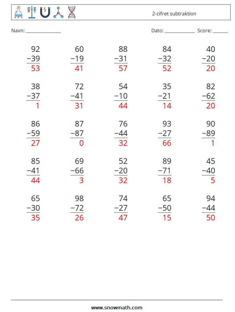 (25) 2-cifret subtraktion Matematiske regneark 9 Spørgsmål, svar