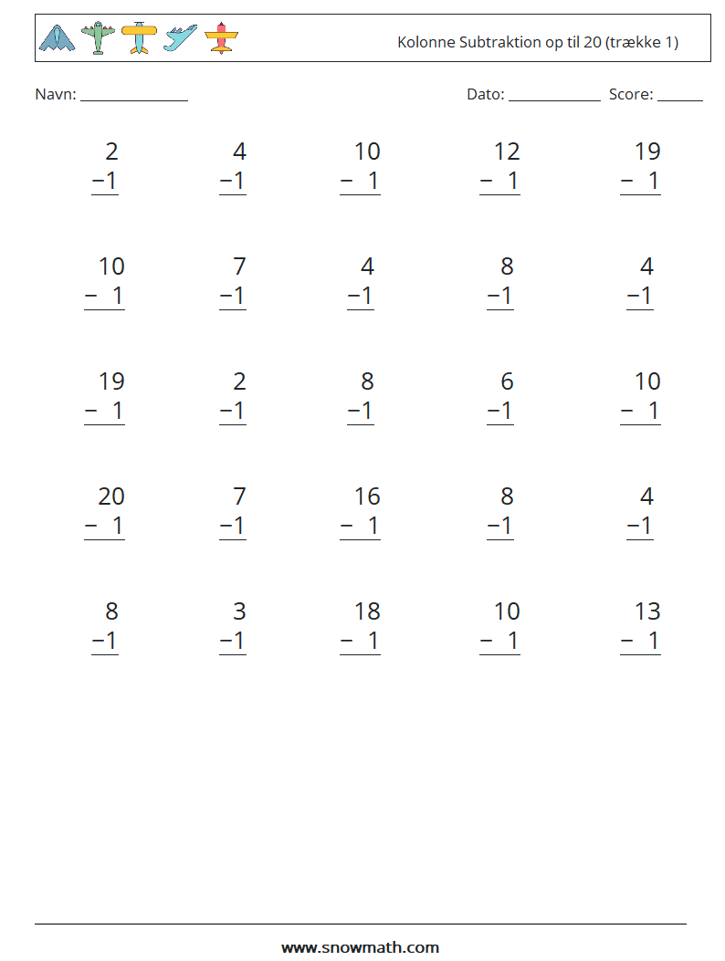 (25) Kolonne Subtraktion op til 20 (trække 1) Matematiske regneark 1