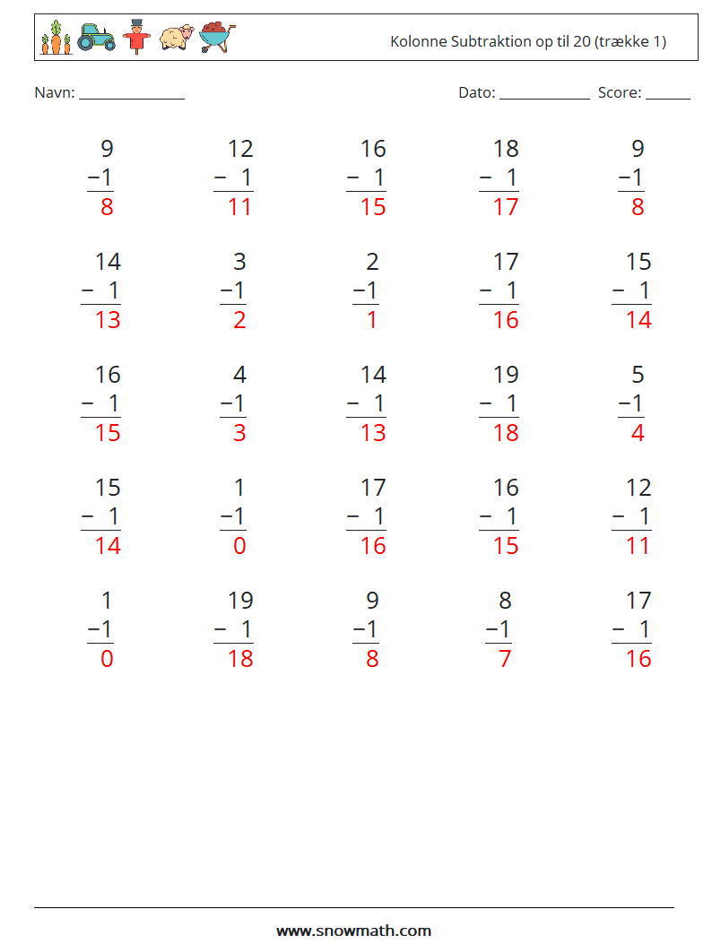 (25) Kolonne Subtraktion op til 20 (trække 1) Matematiske regneark 10 Spørgsmål, svar